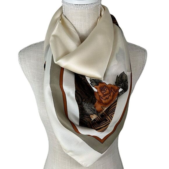 Ivory & Brown Vintage Rose Print Satin Blend Scarve - Picture 5 of 7